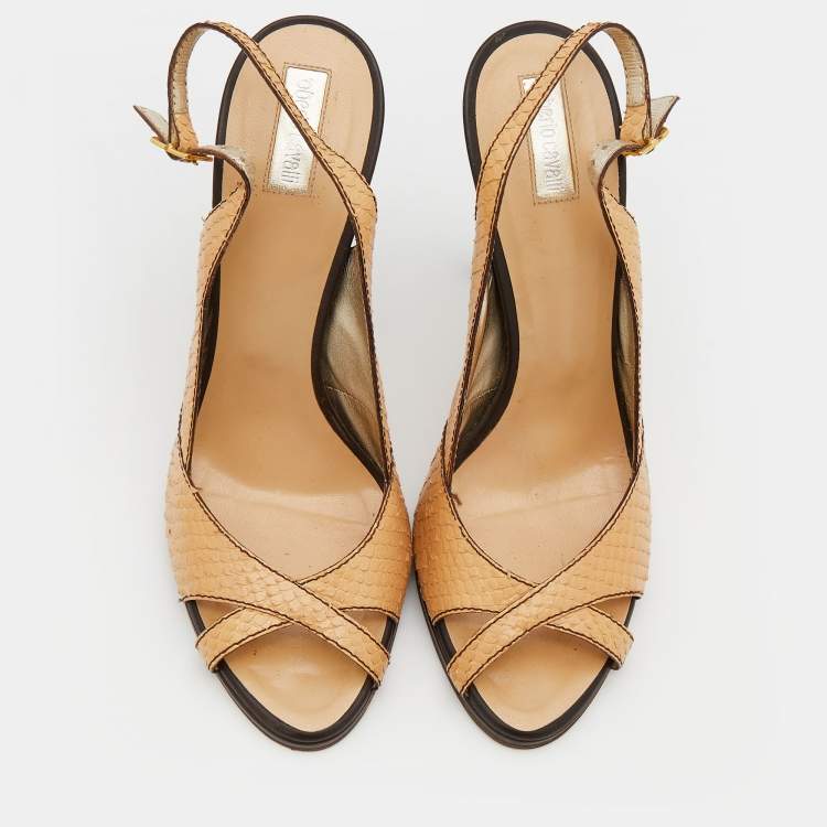 Pre Owned Roberto Cavalli Beige Python Embossed Leather Slingback Sandals Size 40