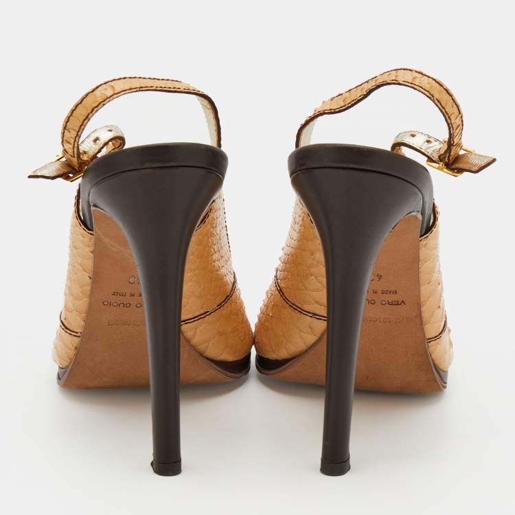 Pre Owned Roberto Cavalli Beige Python Embossed Leather Slingback Sandals Size 40