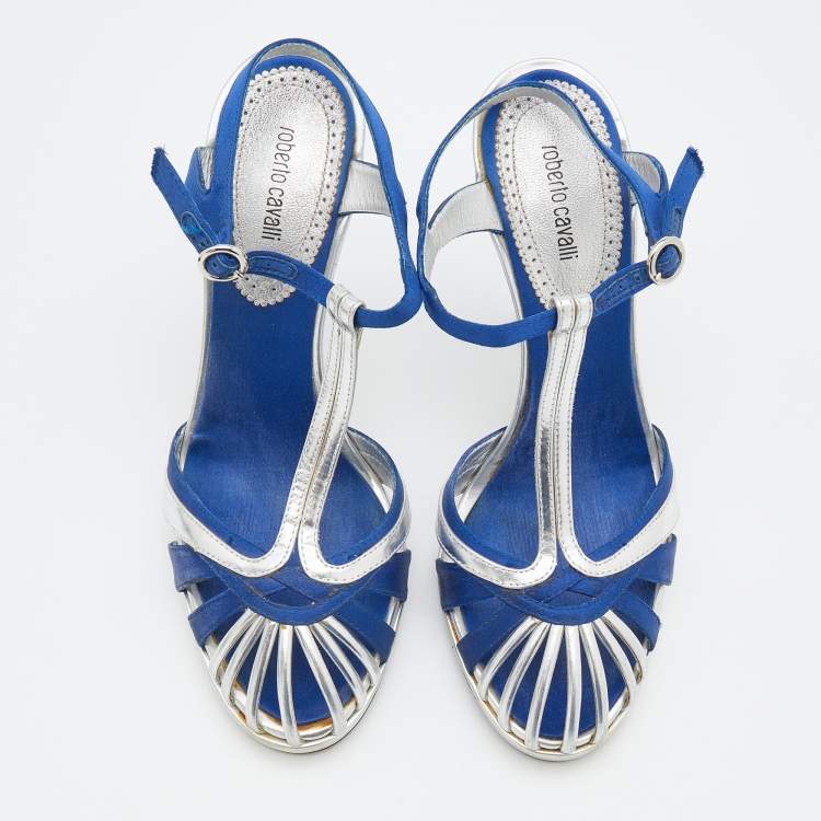 Pre Owned Roberto Cavalli Silver/Blue Leather And Satin T-Strap Sandals Size 36