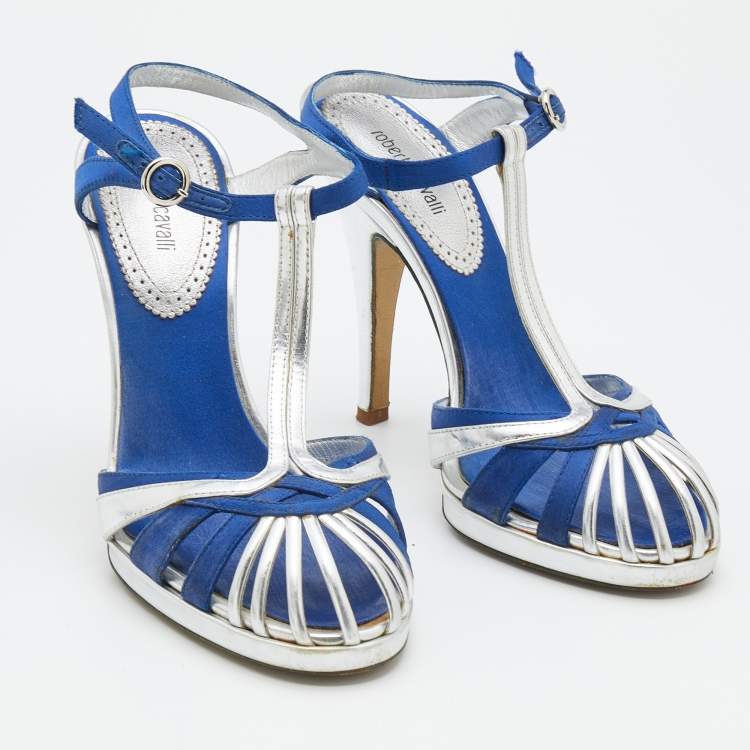 Pre Owned Roberto Cavalli Silver/Blue Leather And Satin T-Strap Sandals Size 36
