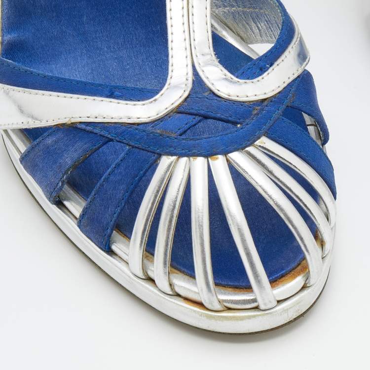 Pre Owned Roberto Cavalli Silver/Blue Leather And Satin T-Strap Sandals Size 36
