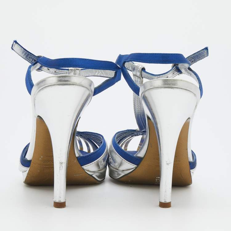 Pre Owned Roberto Cavalli Silver/Blue Leather And Satin T-Strap Sandals Size 36