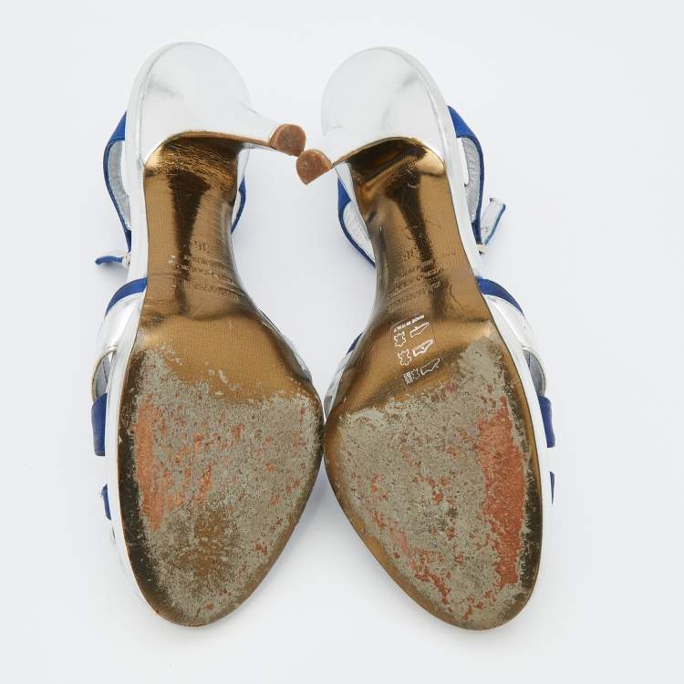 Pre Owned Roberto Cavalli Silver/Blue Leather And Satin T-Strap Sandals Size 36