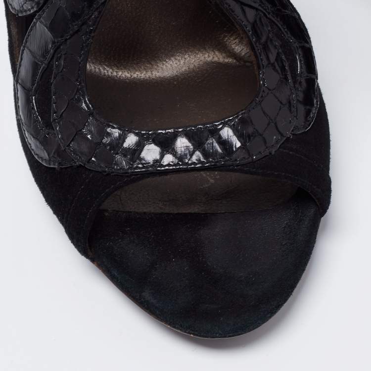 Pre Owned Roberto Cavalli Black Snakeskin Embossed Leather and Suede Ankle Strap Sandals Size 39.5