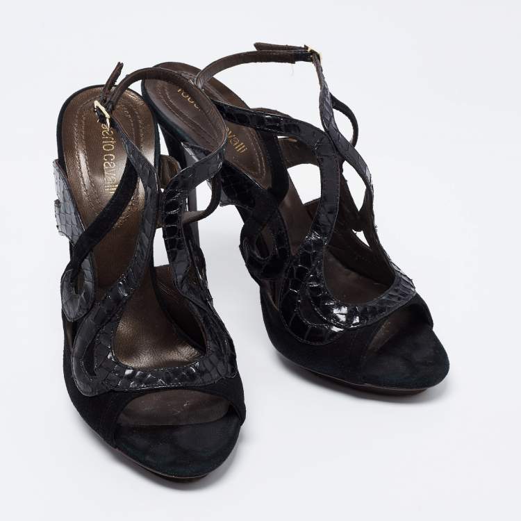 Pre Owned Roberto Cavalli Black Snakeskin Embossed Leather and Suede Ankle Strap Sandals Size 39.5