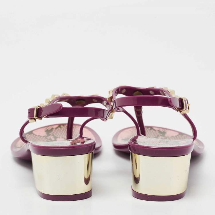 Pre Owned Roberto Cavalli Purple Rubber Studded Thong Sandals Size 37