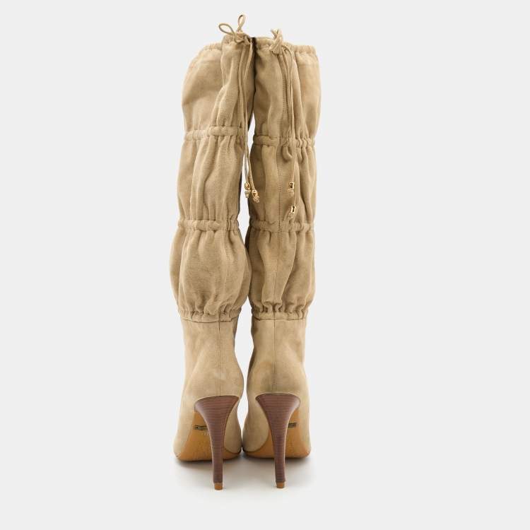 Pre Owned Roberto Cavalli Beige Suede Knee Length Boots Size 39