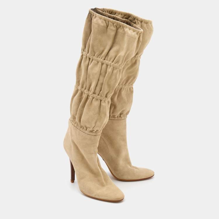 Pre Owned Roberto Cavalli Beige Suede Knee Length Boots Size 39
