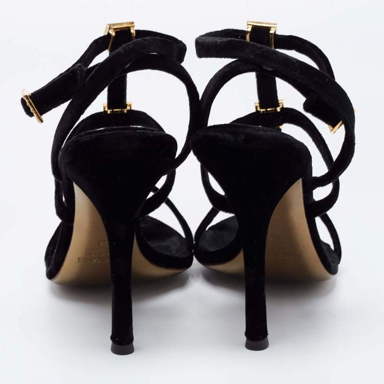 Pre Owned Roberto Cavalli Black Velvet Crystal Embellished Strappy Ankle Strap Sandals  Size 38