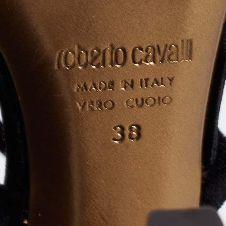 Pre Owned Roberto Cavalli Black Velvet Crystal Embellished Strappy Ankle Strap Sandals  Size 38