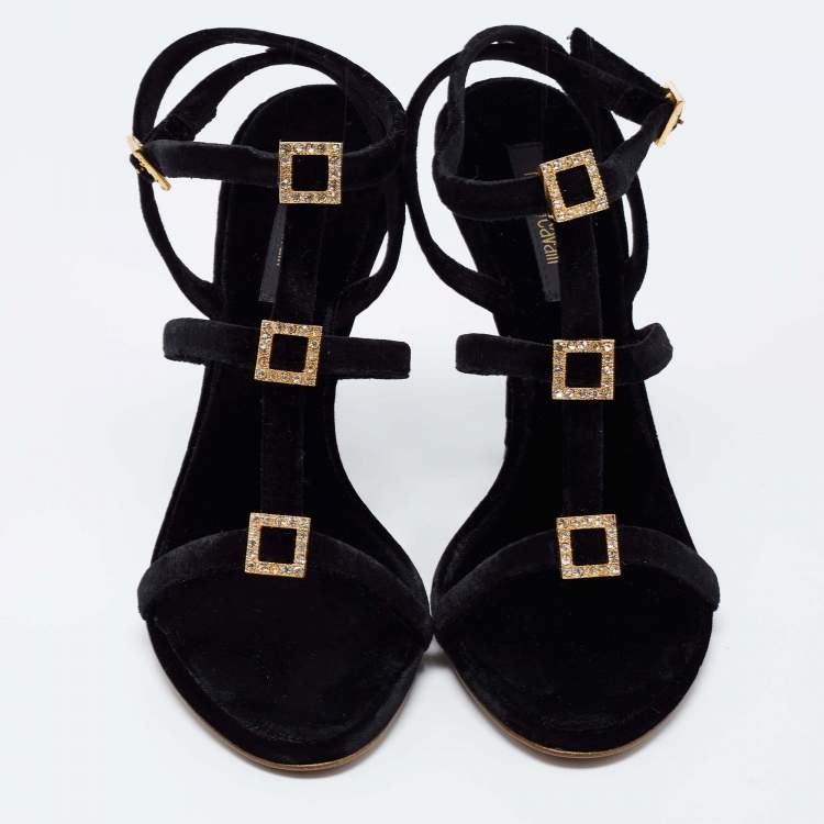 Pre Owned Roberto Cavalli Black Velvet Crystal Embellished Strappy Ankle Strap Sandals  Size 38