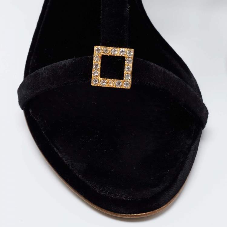 Pre Owned Roberto Cavalli Black Velvet Crystal Embellished Strappy Ankle Strap Sandals  Size 38