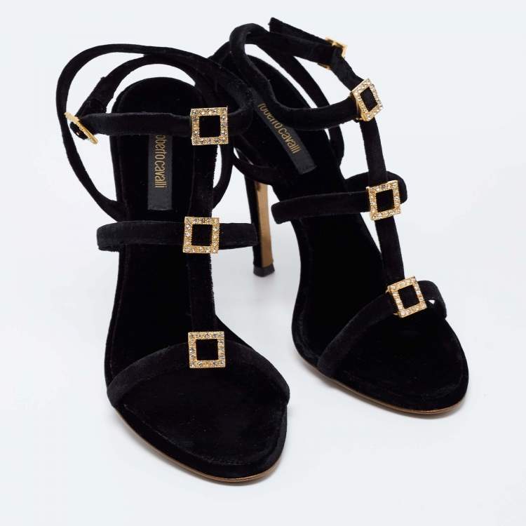 Pre Owned Roberto Cavalli Black Velvet Crystal Embellished Strappy Ankle Strap Sandals  Size 38