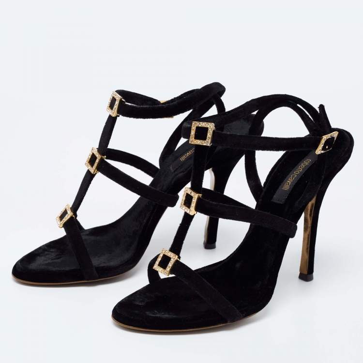 Pre Owned Roberto Cavalli Black Velvet Crystal Embellished Strappy Ankle Strap Sandals  Size 38