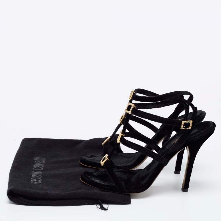 Pre Owned Roberto Cavalli Black Velvet Crystal Embellished Strappy Ankle Strap Sandals  Size 38