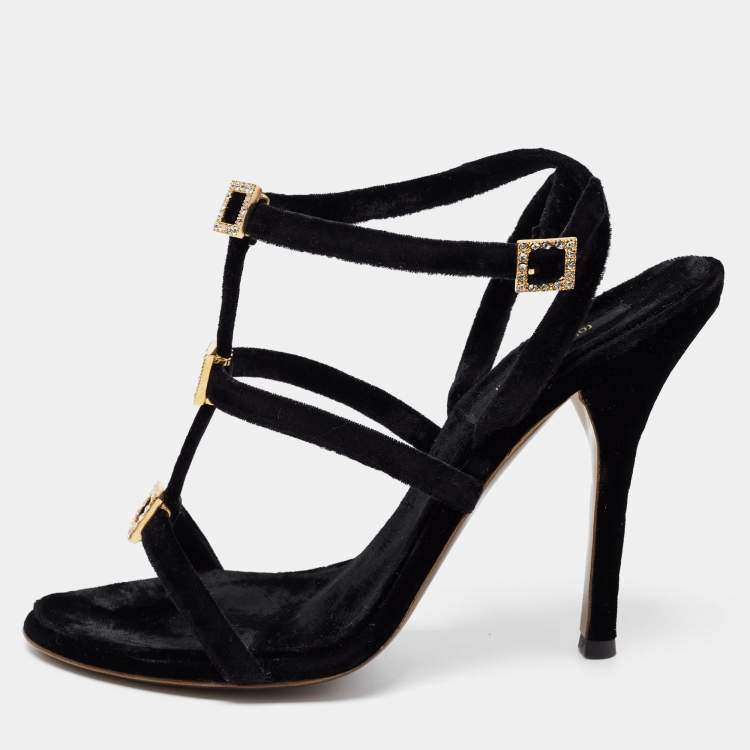 Pre Owned Roberto Cavalli Black Velvet Crystal Embellished Strappy Ankle Strap Sandals  Size 38