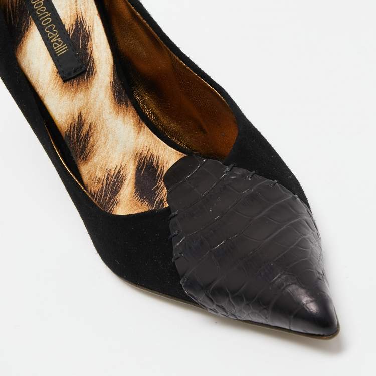Pre Owned Roberto Cavalli Black Suede and Croc Embossed Leather Pumps Size 39