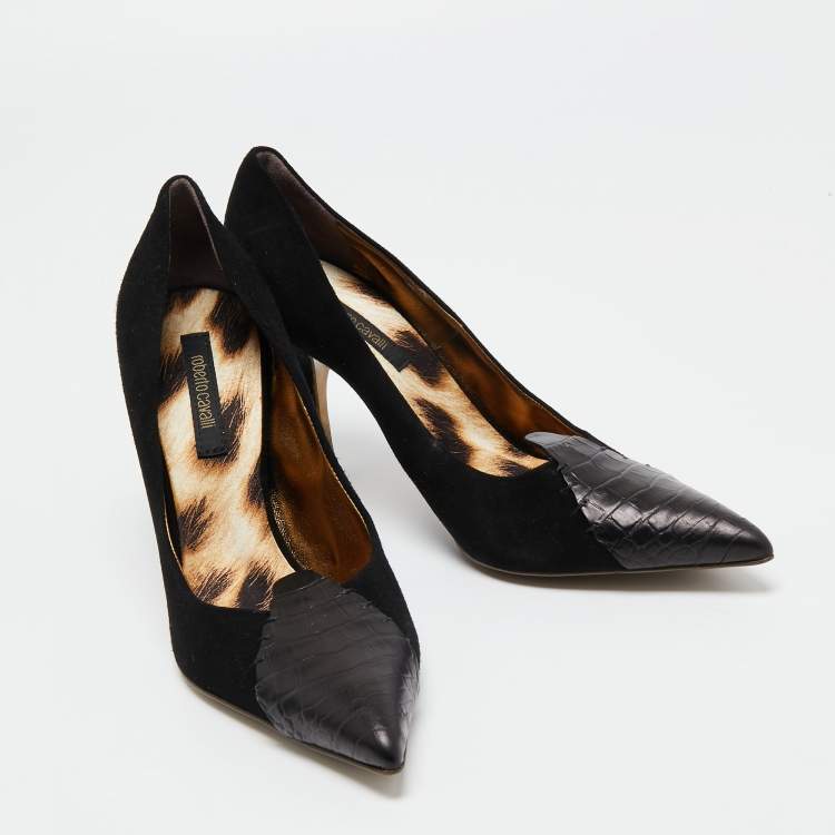 Pre Owned Roberto Cavalli Black Suede and Croc Embossed Leather Pumps Size 39