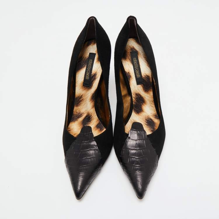 Pre Owned Roberto Cavalli Black Suede and Croc Embossed Leather Pumps Size 39