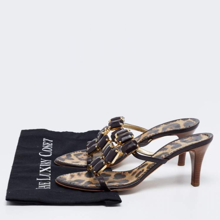 Pre Owned Roberto Cavalli Brown Leather Embellished Sandals Size 39