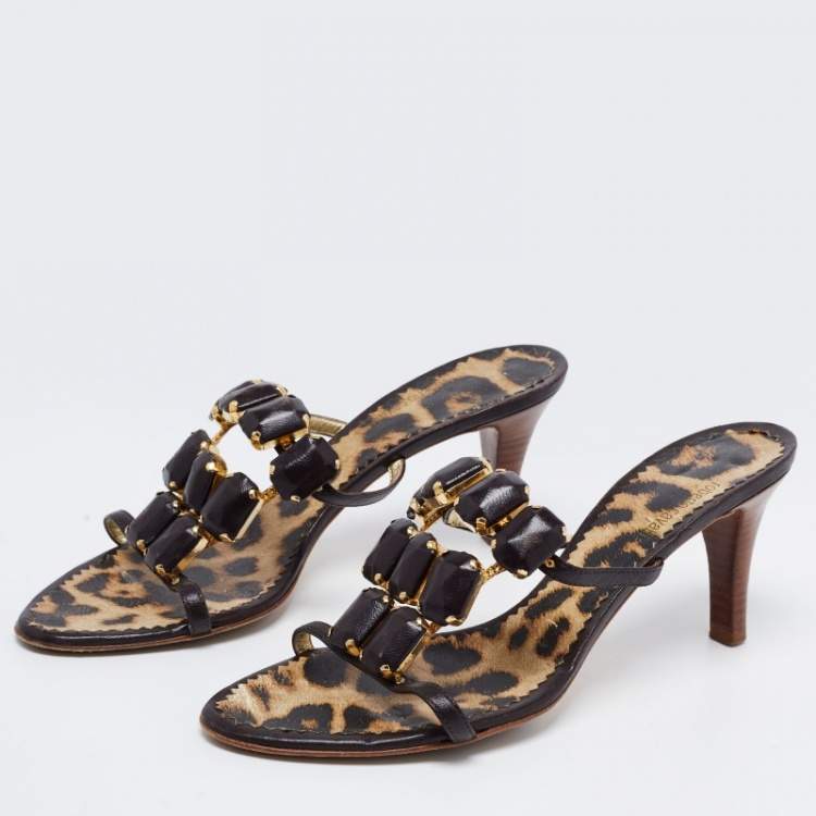 Pre Owned Roberto Cavalli Brown Leather Embellished Sandals Size 39