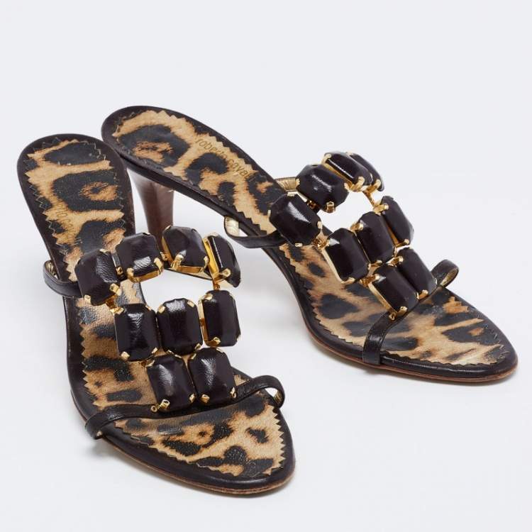 Pre Owned Roberto Cavalli Brown Leather Embellished Sandals Size 39