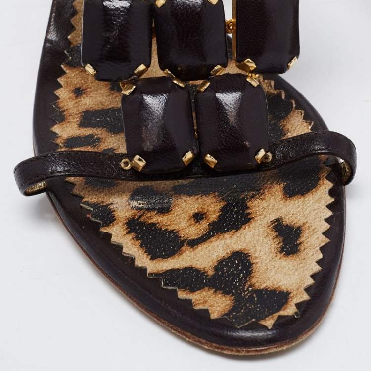 Pre Owned Roberto Cavalli Brown Leather Embellished Sandals Size 39
