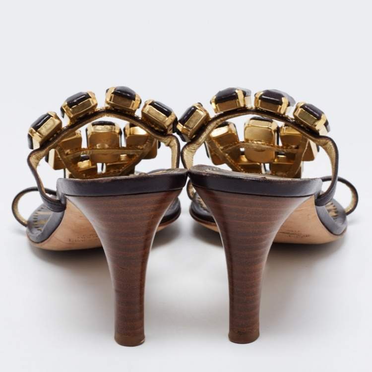 Pre Owned Roberto Cavalli Brown Leather Embellished Sandals Size 39