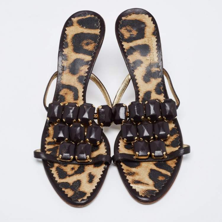 Pre Owned Roberto Cavalli Brown Leather Embellished Sandals Size 39