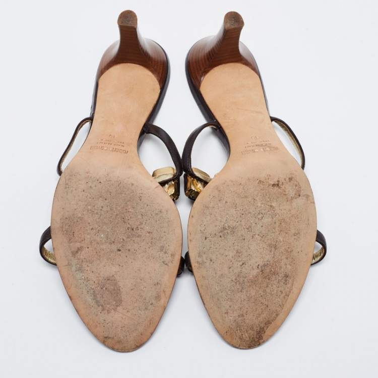 Pre Owned Roberto Cavalli Brown Leather Embellished Sandals Size 39
