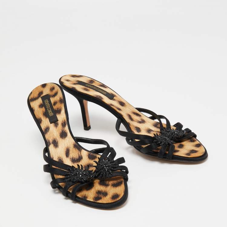 Pre Owned Roberto Cavalli Black Satin Embellished Slide Side 39