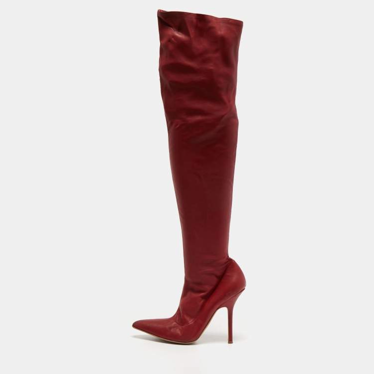 Pre Owned Roberto Cavalli Red Leather Knee Length Boots Size 38.5