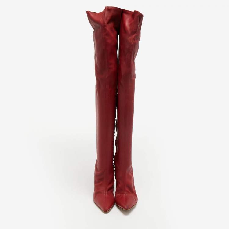 Pre Owned Roberto Cavalli Red Leather Knee Length Boots Size 38.5