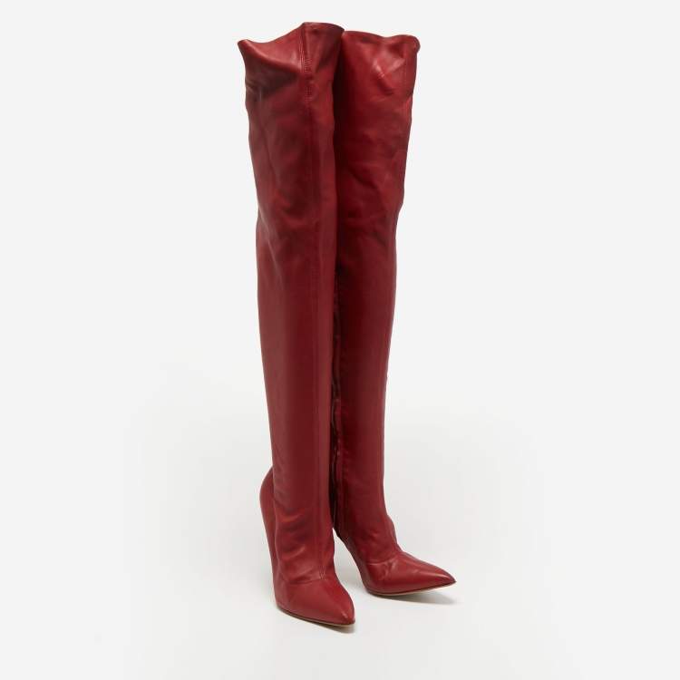 Pre Owned Roberto Cavalli Red Leather Knee Length Boots Size 38.5