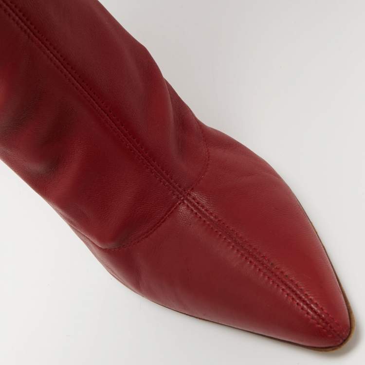 Pre Owned Roberto Cavalli Red Leather Knee Length Boots Size 38.5