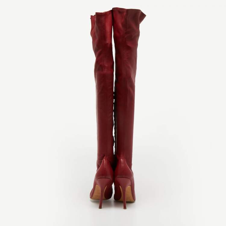 Pre Owned Roberto Cavalli Red Leather Knee Length Boots Size 38.5