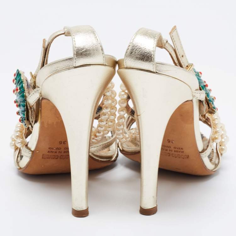 Pre Owned Roberto Cavalli Metallic Gold Leather Embellished Ankle Strap Sandals Size 36