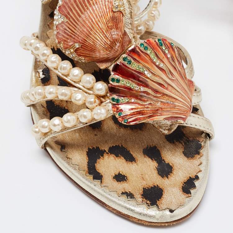 Pre Owned Roberto Cavalli Metallic Gold Leather Embellished Ankle Strap Sandals Size 36