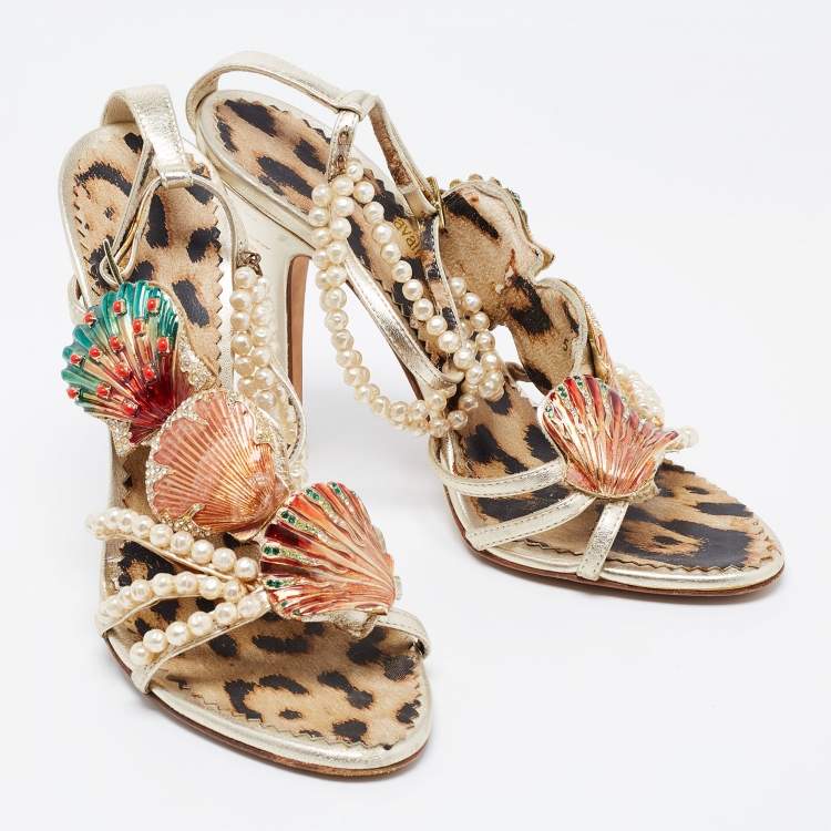Pre Owned Roberto Cavalli Metallic Gold Leather Embellished Ankle Strap Sandals Size 36