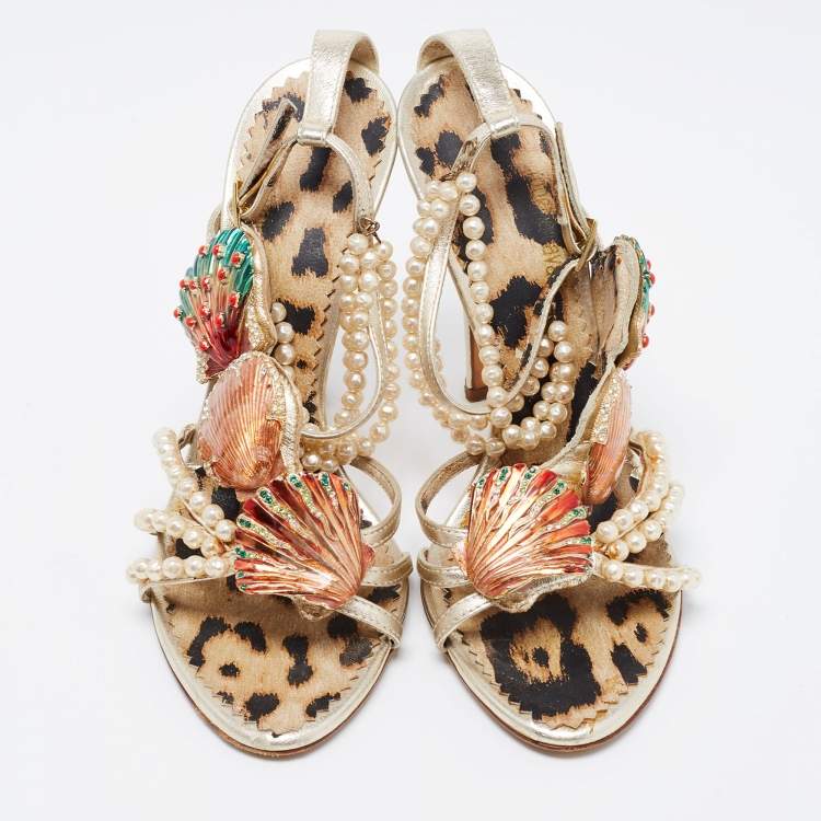 Pre Owned Roberto Cavalli Metallic Gold Leather Embellished Ankle Strap Sandals Size 36