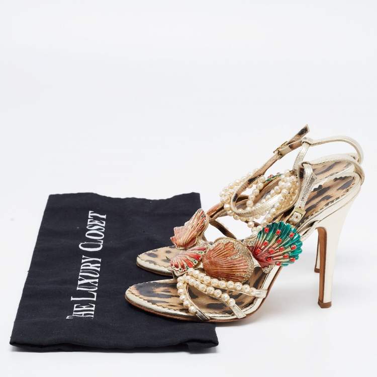 Pre Owned Roberto Cavalli Metallic Gold Leather Embellished Ankle Strap Sandals Size 36
