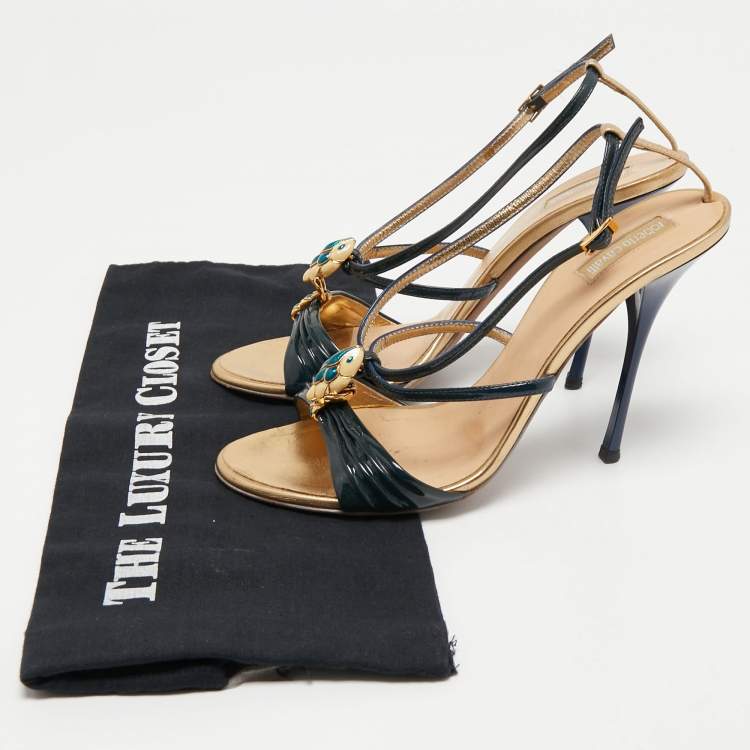 Pre Owned Roberto Cavalli Navy Blue Patent Leather Slingback Sandals Size 39