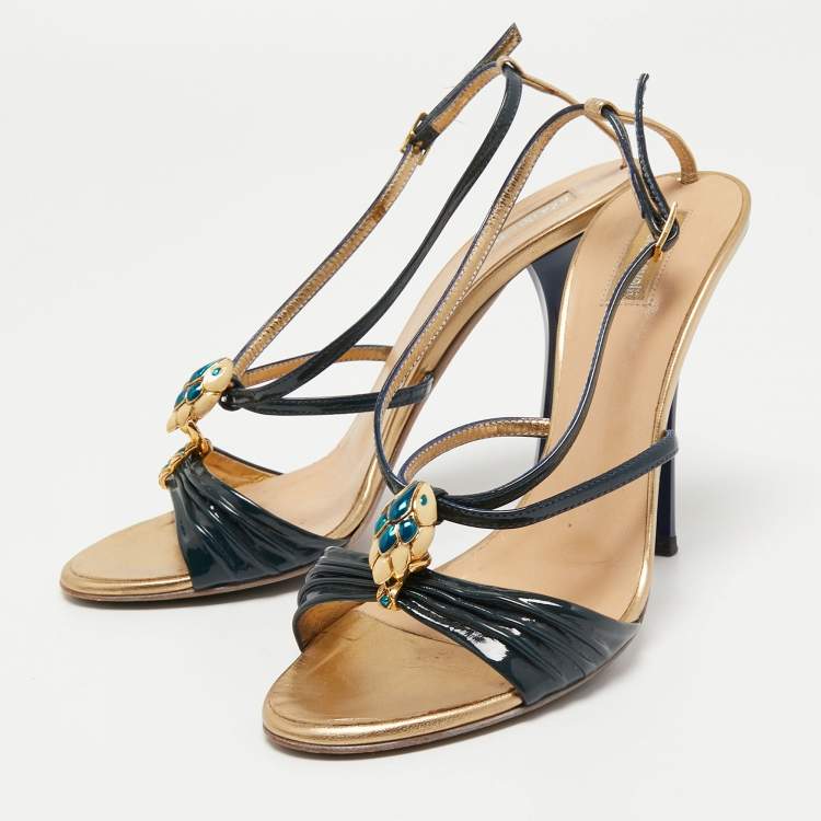 Pre Owned Roberto Cavalli Navy Blue Patent Leather Slingback Sandals Size 39