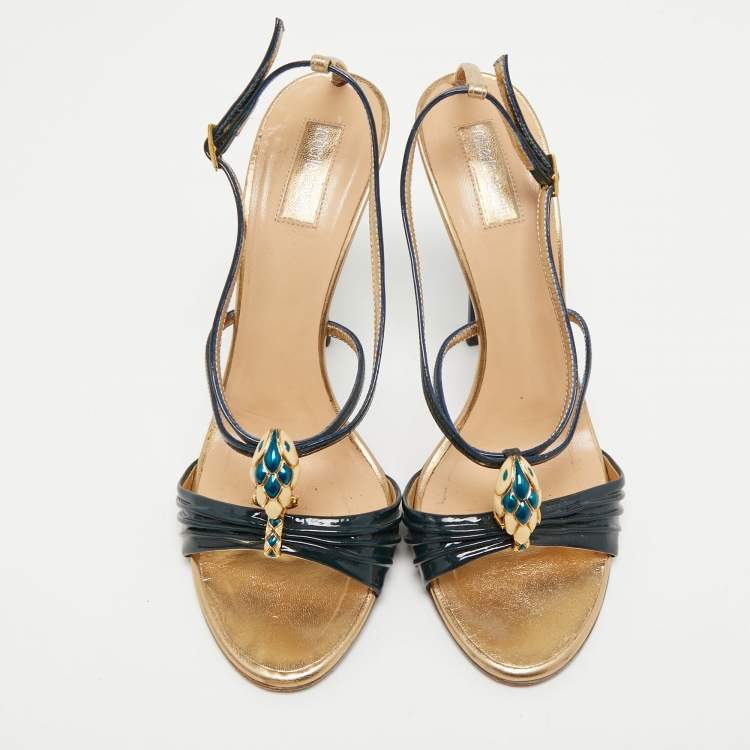Pre Owned Roberto Cavalli Navy Blue Patent Leather Slingback Sandals Size 39