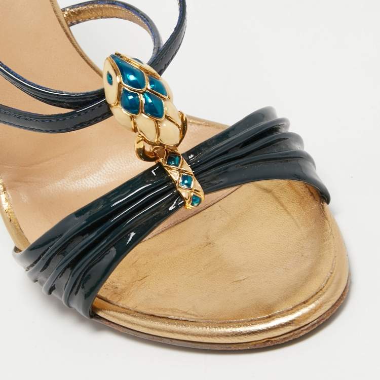 Pre Owned Roberto Cavalli Navy Blue Patent Leather Slingback Sandals Size 39