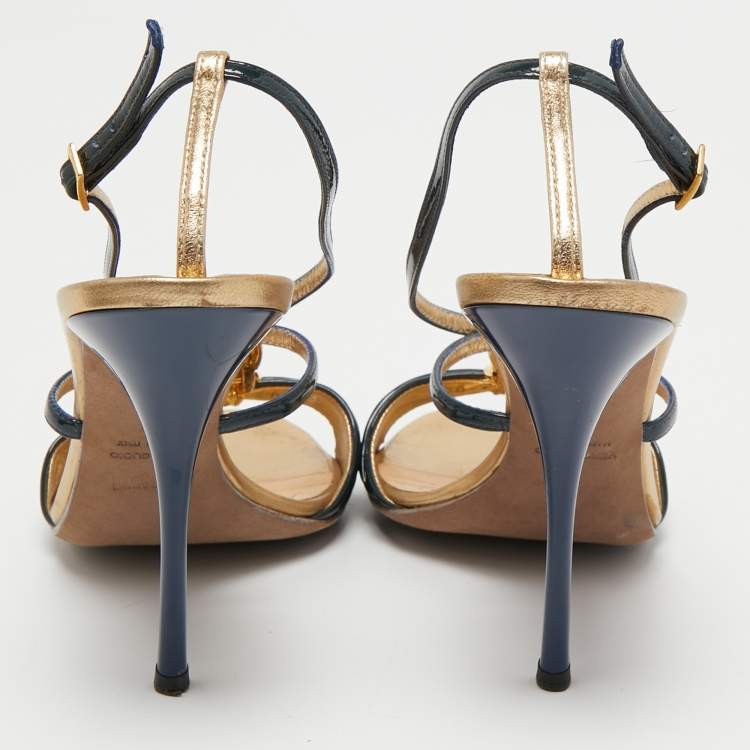 Pre Owned Roberto Cavalli Navy Blue Patent Leather Slingback Sandals Size 39