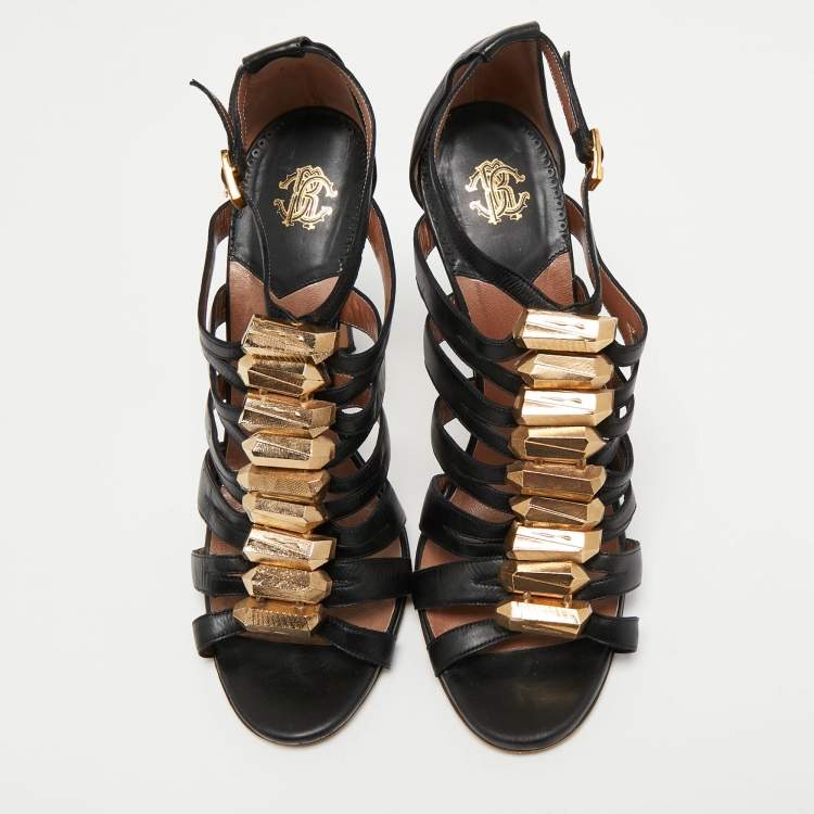 Pre Owned Roberto Cavalli Black Leather Strappy Sandals Size 39
