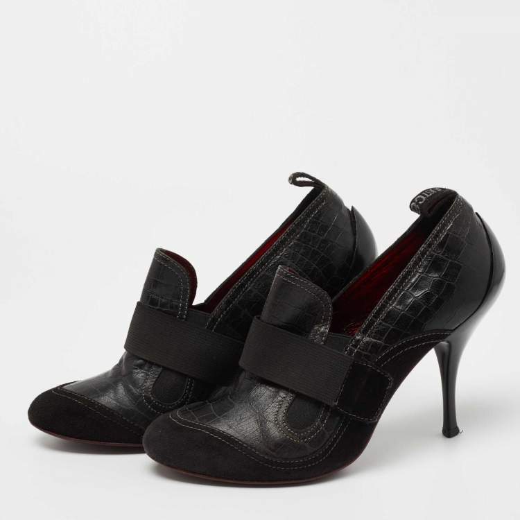 Pre Owned Roberto Cavalli Black Croc Embossed Leather and Suede Ankle Length Booties Size 37
