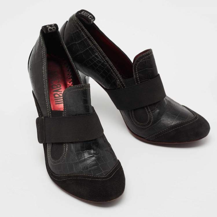 Pre Owned Roberto Cavalli Black Croc Embossed Leather and Suede Ankle Length Booties Size 37