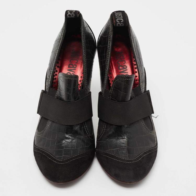 Pre Owned Roberto Cavalli Black Croc Embossed Leather and Suede Ankle Length Booties Size 37